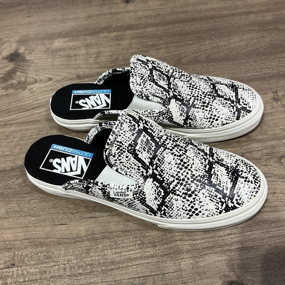 Vans Womens Ultracush Snake Print Slip On Mules US Size 6.5 Black White Shoes